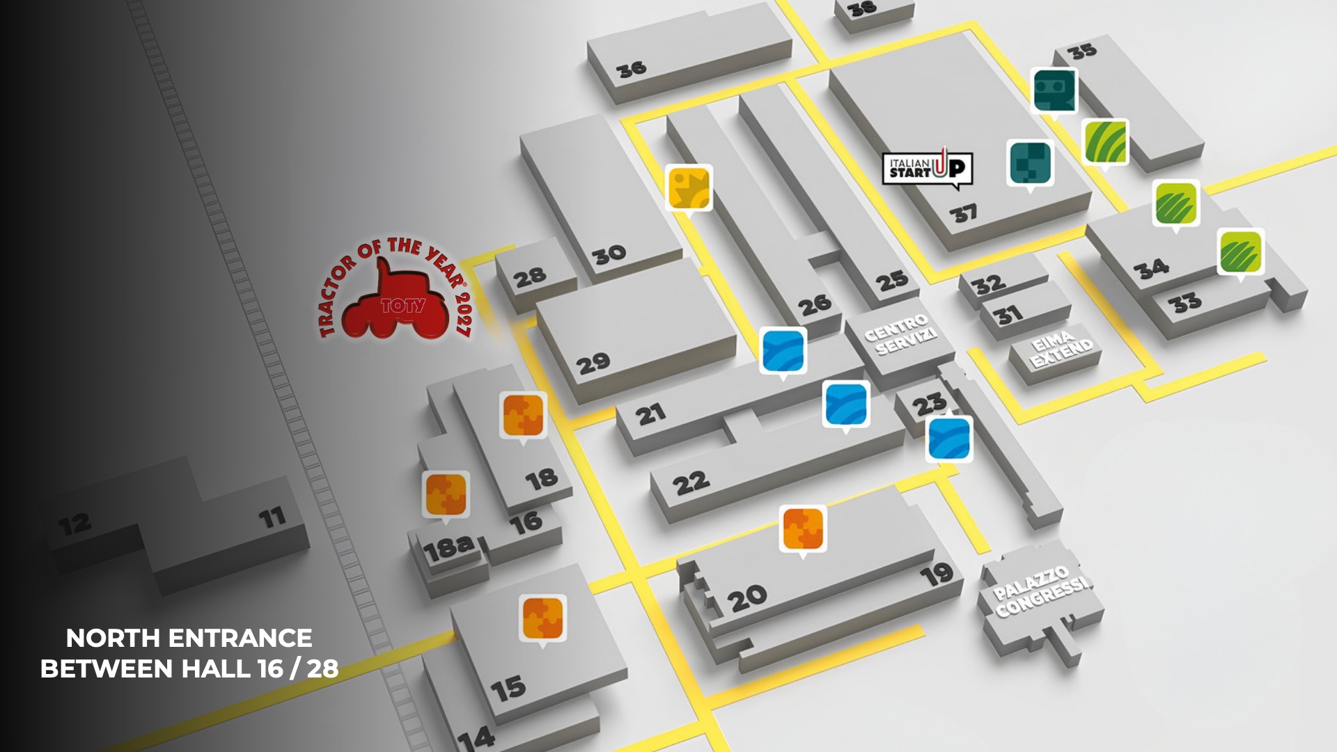 Plan situant la TotY Arena près de l’entrée nord, entre les halls 16 et 28
